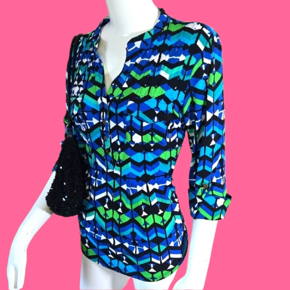 Cocomo Blue and Green Fitted Blouse with Cuffed Sleeves